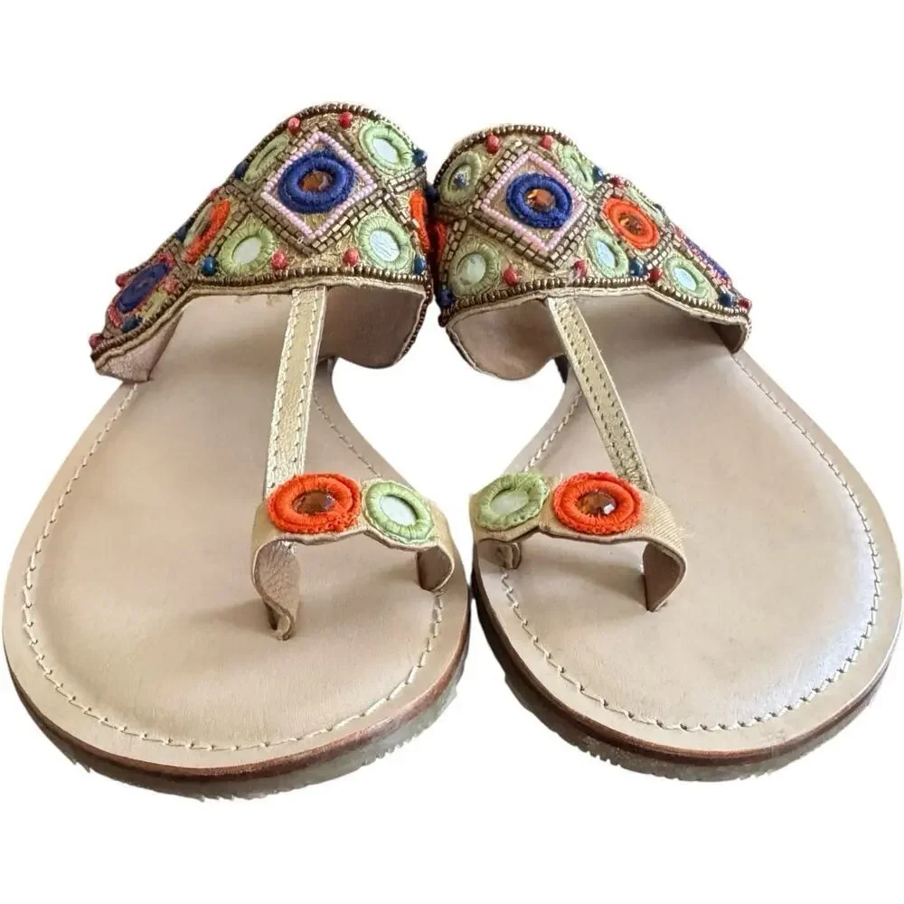 Seychelles Embroidered Beaded Gem Slip On Toe Loop Flat Sandals Women's 8.5